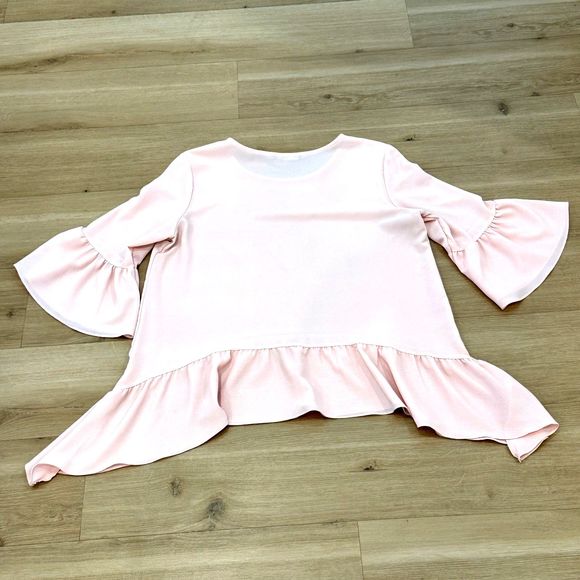 Gibson Blush Pink Ruffle 3/4 Sleeve Flutter Top - Women's Size M - Picture 3 of 6